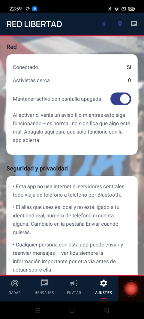 Pantalla de Ajustes de RED LIBERTAD con las notas de seguridad y privacidad