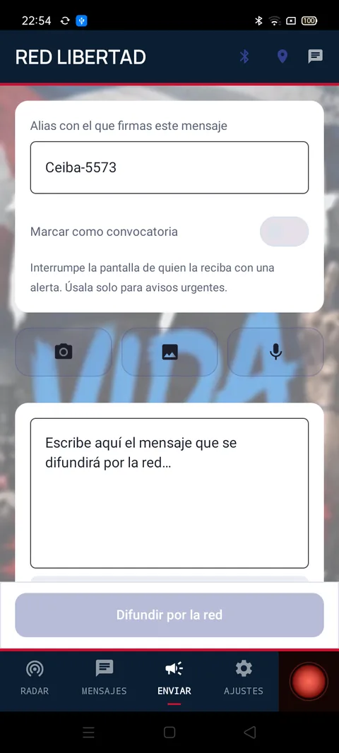 Pantalla de Enviar de RED LIBERTAD para redactar y difundir un mensaje