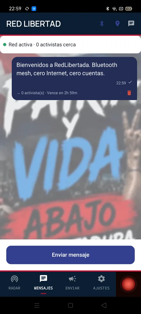 Pantalla de Mensajes de RED LIBERTAD mostrando el historial de la red